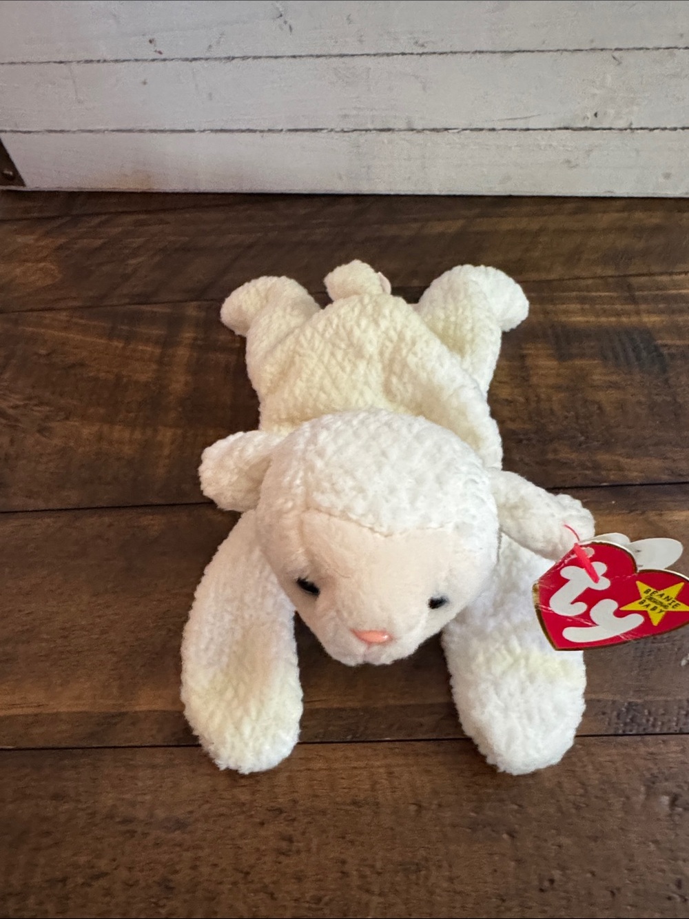 Beanie Bean “ Fleece” Ty White Lamb Plush with Heart Tag